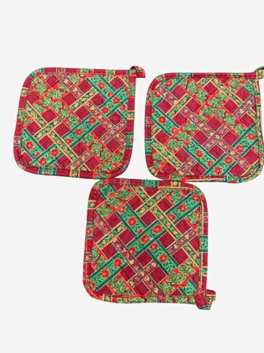 Set of 3 Christmas Potholders Quilted Red Green Holiday Holly Vintage Style